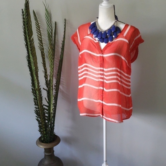 Old Navy sheer red button down blouse with white stripes - Picture 1 of 2